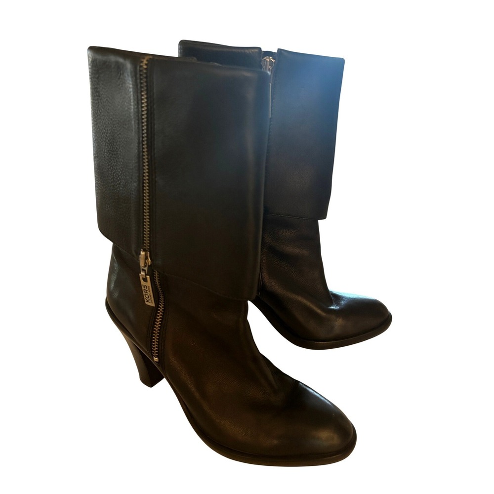 KORS Michael Kors Boots Women 9M Black Leather Fold Over Zip Up Heeled Booties